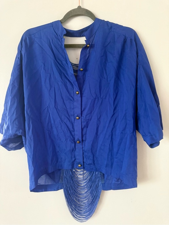 Simons Tops - Twik Simons Royal Blue Washed Satin Oversized Fringe Open Back Blouse